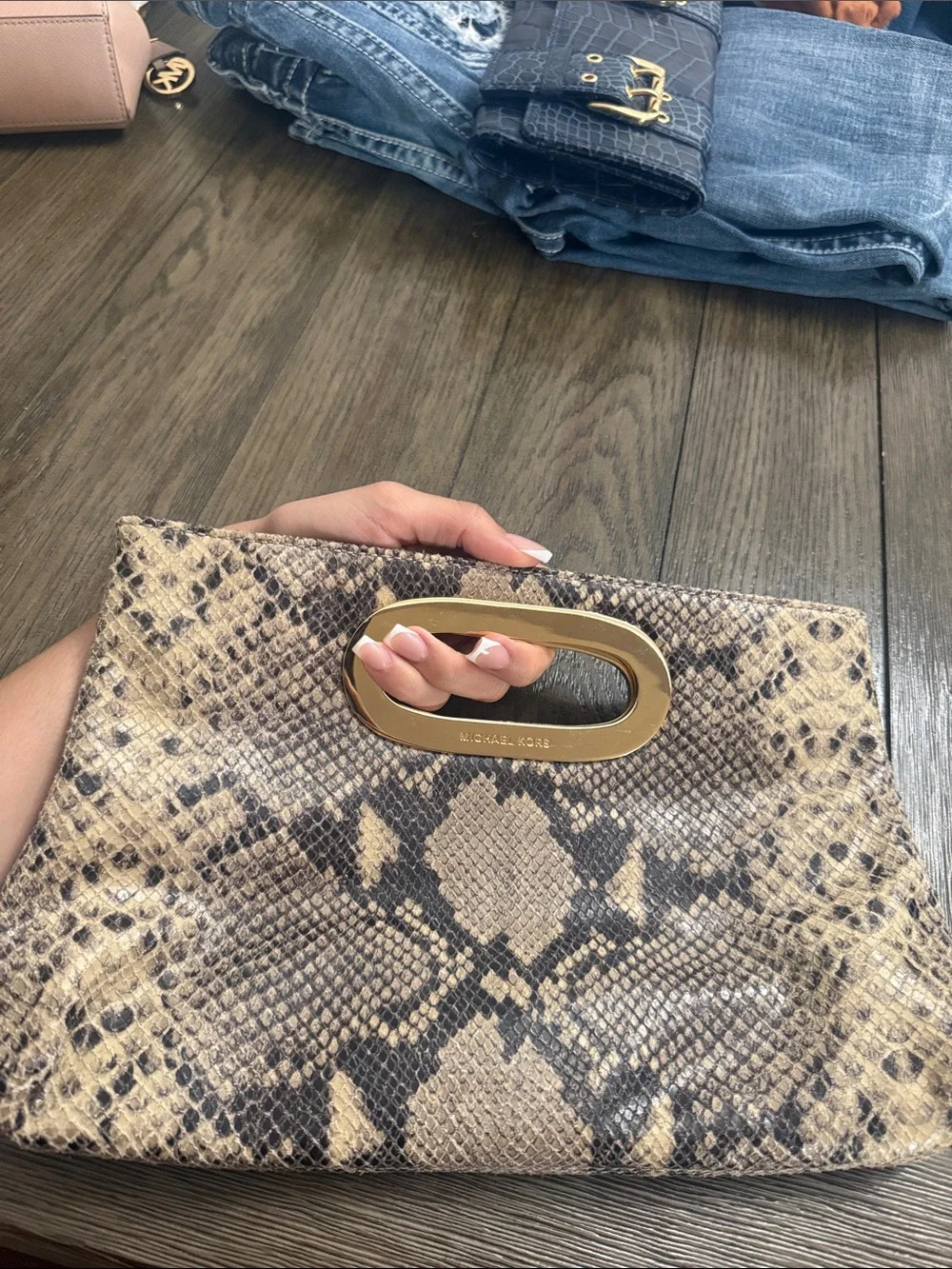 Michael Kors Snakeskin-Print Clutch in Taupe and Black with Gold Handle